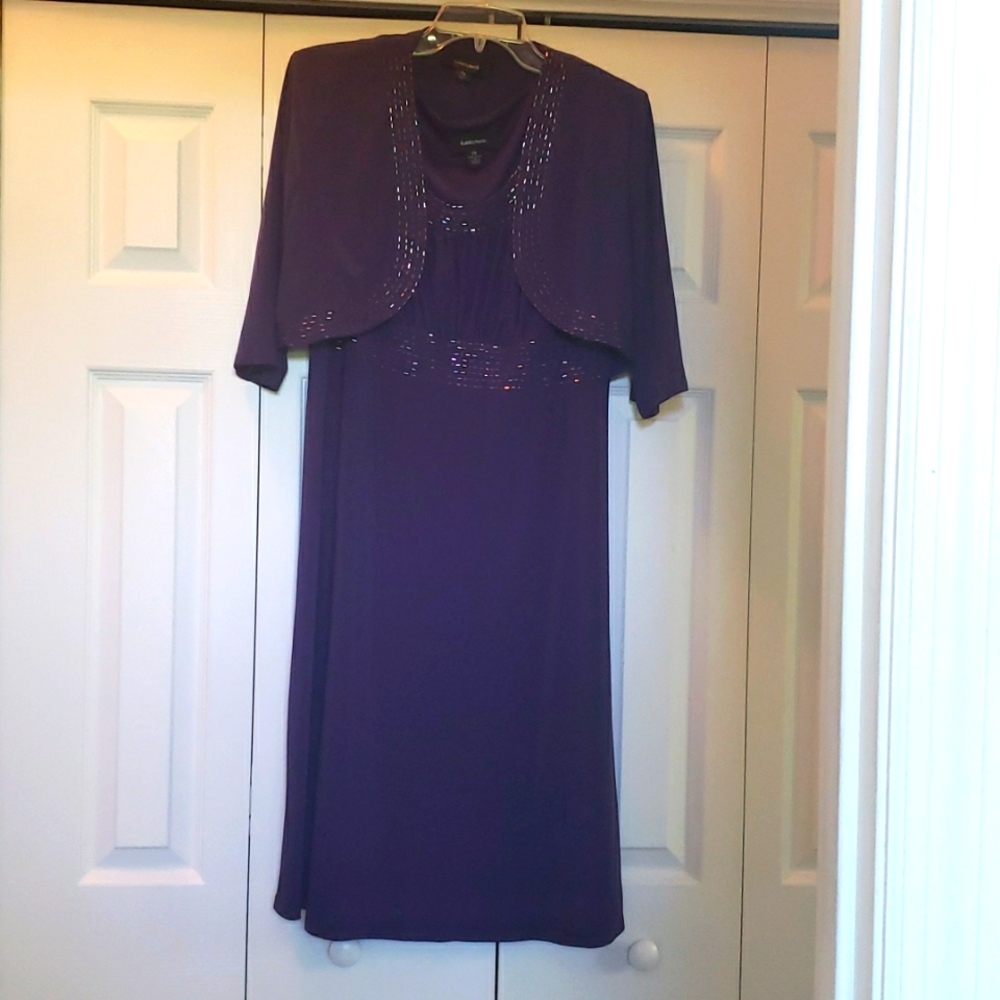 Purple Greecian beaded neckline two piece dress set. Sleeveless dress & jacket